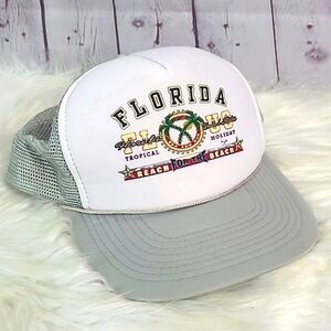 Vintage 90s Florida Tropical Holiday Beach Trucker Mesh Snapback Adjustable Hat